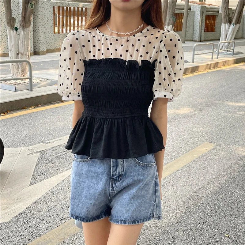 Blouses Women All-match Sweet Puff-sleeve Summer Fake-two Harajuku Lace O-neck Camisa De Gasa Polka Dot Tops Mujer Tender Female