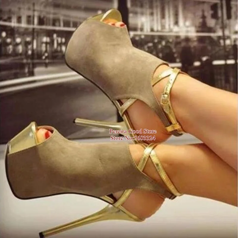 

Stylish Golden Peep Toe High Platform Shoes Beige Suede Ankle Strap Stiletto Heels Dress Shoes Drop Shipping Customized