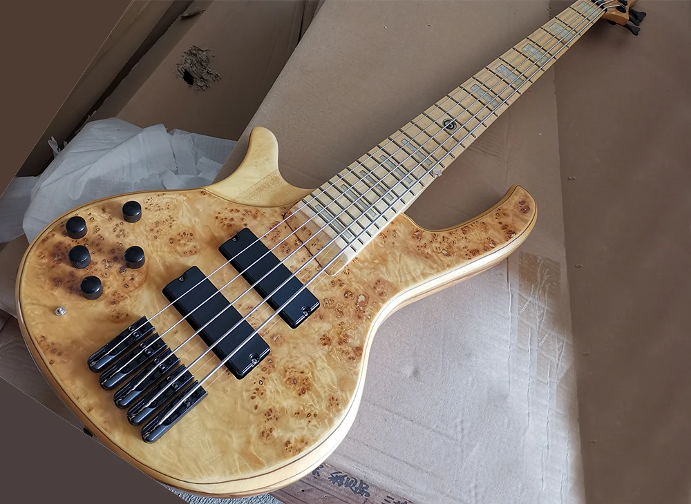 Left Handed 5 Strings Neck-thru-body Electric Bass Guitar with Bark Grain Veneer,Strings Distance 19 mm