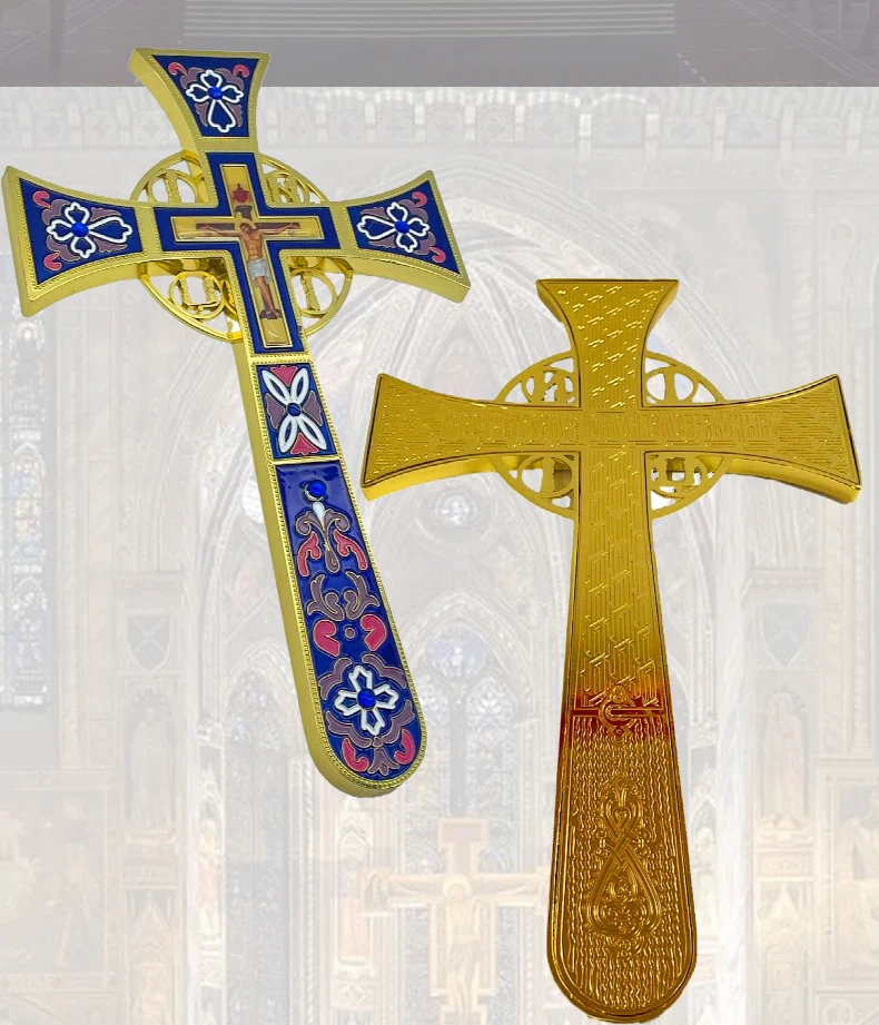 Neues Orthodoxes Emaille-Segenskreuz aus Goldmetall, Handkreuz für Kirchenrituale, religiöse Altar-Gebetsdekoration, Geschenk – Detail 3
