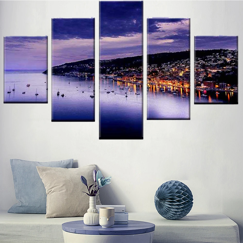 

5 Pieces Wall Art Canvas Painting Purple Cloud City Night Landscape Poster Modern Home Decoration Living Room Modular Pictures