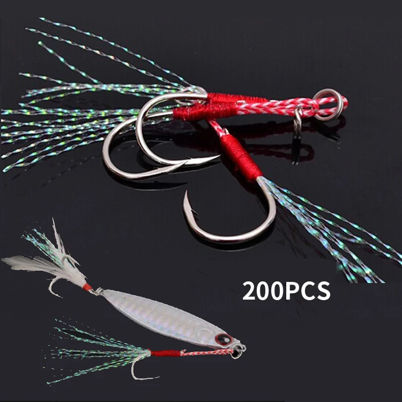 

200pcs Saltwater Fishing Hook Jigs Assist Hook With Split Ring Barbed Jig Hooks High Carbon Steel Slow Jigging Pesca