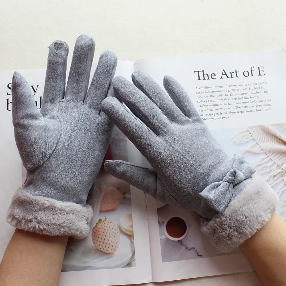 Guantes cálidos de invierno para mujer, protectores de manos de gamuza a prueba de viento y frío, color de pantalla táctil, moda de arco, engrosados