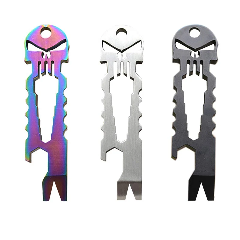 Stainless Steel EDC Pocket Multi-Tool Skull Bottle Opener Pry Bar Crowbar Keychain Survival Tool