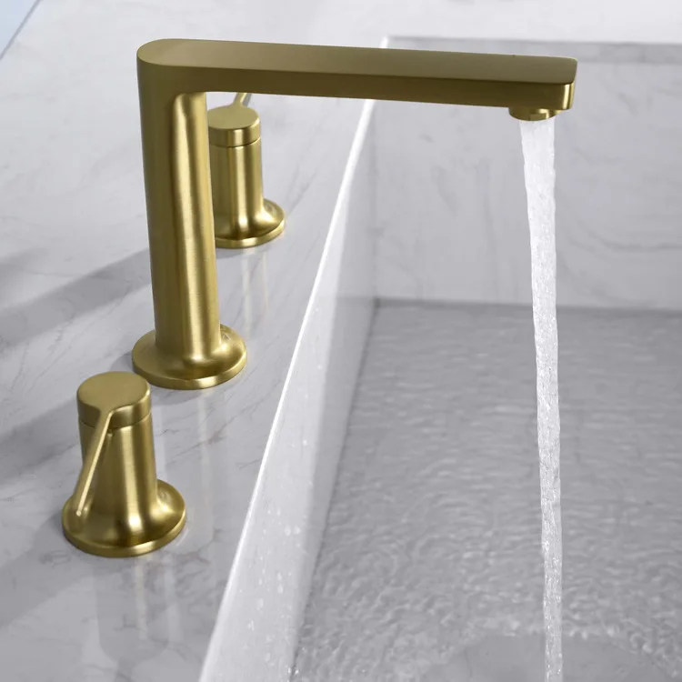 

Luxury Brushed gold Brass Bathroom sink faucet 3 Holes 2 Handles Copper Basin Tap High Quality Cold Hot Faucet Popular design