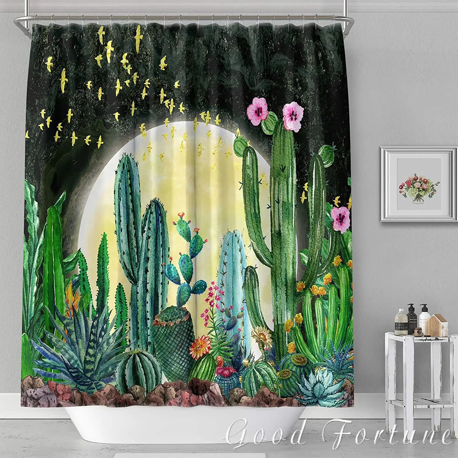 Giant Moon Cactus Printed Polyester Waterproof Shower Curtain, Bathroom Decoration