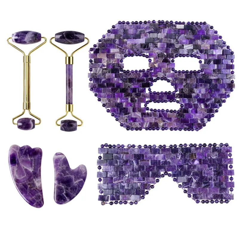 Purple Crystal Jade Face Mask Gua Sha Scraper Massager Roller Set Natural Amethyst Gouache Stone Body Health Care Beauty Devices