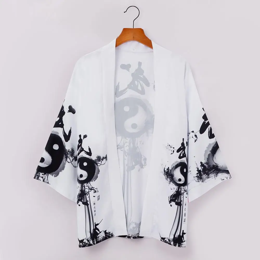 Zomer Gedrukt Witte Mannelijke Yukata Haor Japanse Mannen Kimono Vest Samurai Kostuum Kleding Jasje Shirt