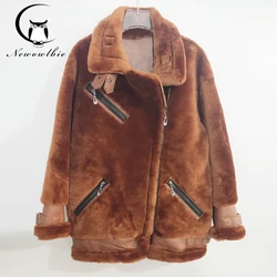 Frauen Herbst Winter Klassische Bomber Jacke Warme Mode Lammfell Mantel Schaffell Jacke 70cm lange ganze karamell schaffell mantel