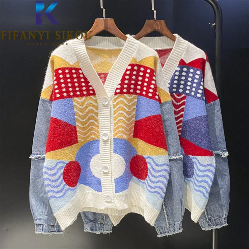 

2021 Autumn Winter Cardigan Women Denim Spliced Knitted Sweater Jacket V-Neck Fashion Patchwork Knit Coat Loose Sweaters Female