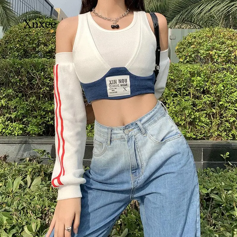 White Splicing Round Collar Crop Top Long Sleeve Cover Letter Print Vest New Western Style Patchwork Hip Hop Casual Slim Clothes