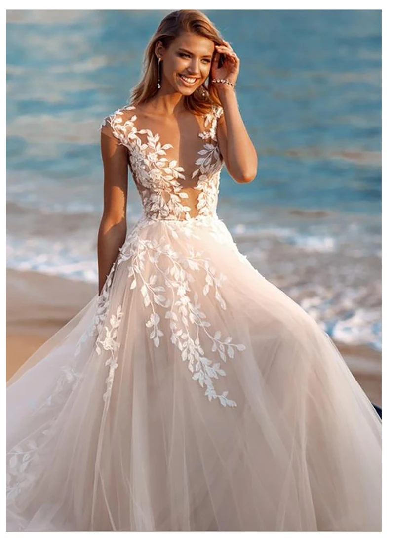 Boho Wedding Dress 2024 Lace Appliques Beach Illusion Back Puff Tulle Bride Gowns Backless vestidos de noiva