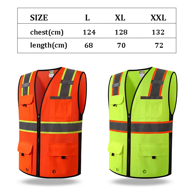 High Visibility Reflective Safety Vest with Zipper and Pockets Breathable Mesh Vest Orange and Yellow L XL XXL