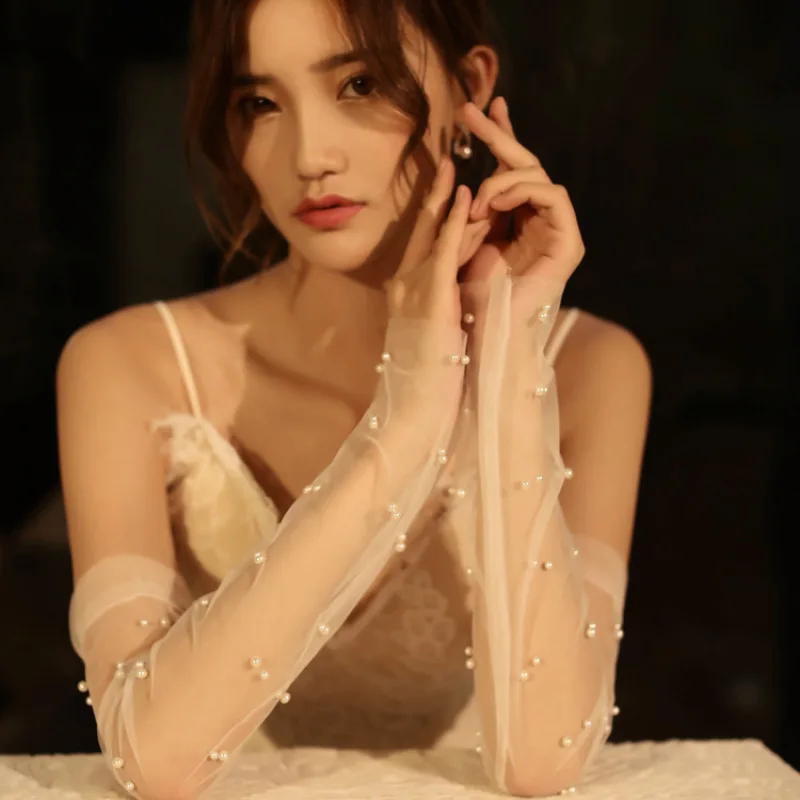 New Women Summer Sexy Lace Breathable Sunscreen Thin Long Gloves Pearl Decoration Hollow Transparent Elegant Exquisite Gloves