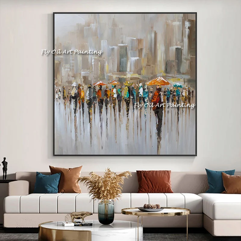 

Modern Abstract People Working In The Street With Umbrellas Handmade Square Oil Painting 100% Hand Painted On Canvas Wall Art