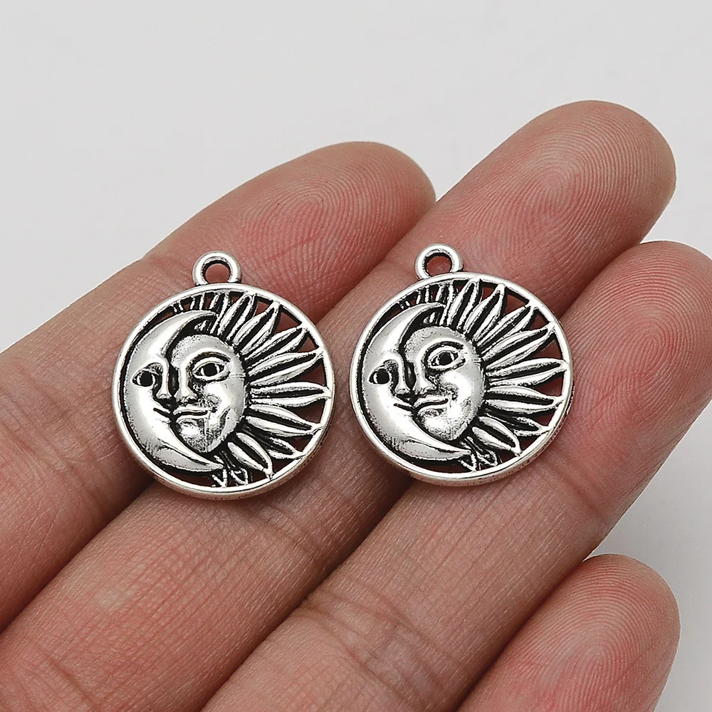 20pcs/Lots 20x23mm Antique Silver Plated Moon Sun Charm Face Pendants For Diy Jewellery Making Bulk Items Crafts Hqd Wholesale