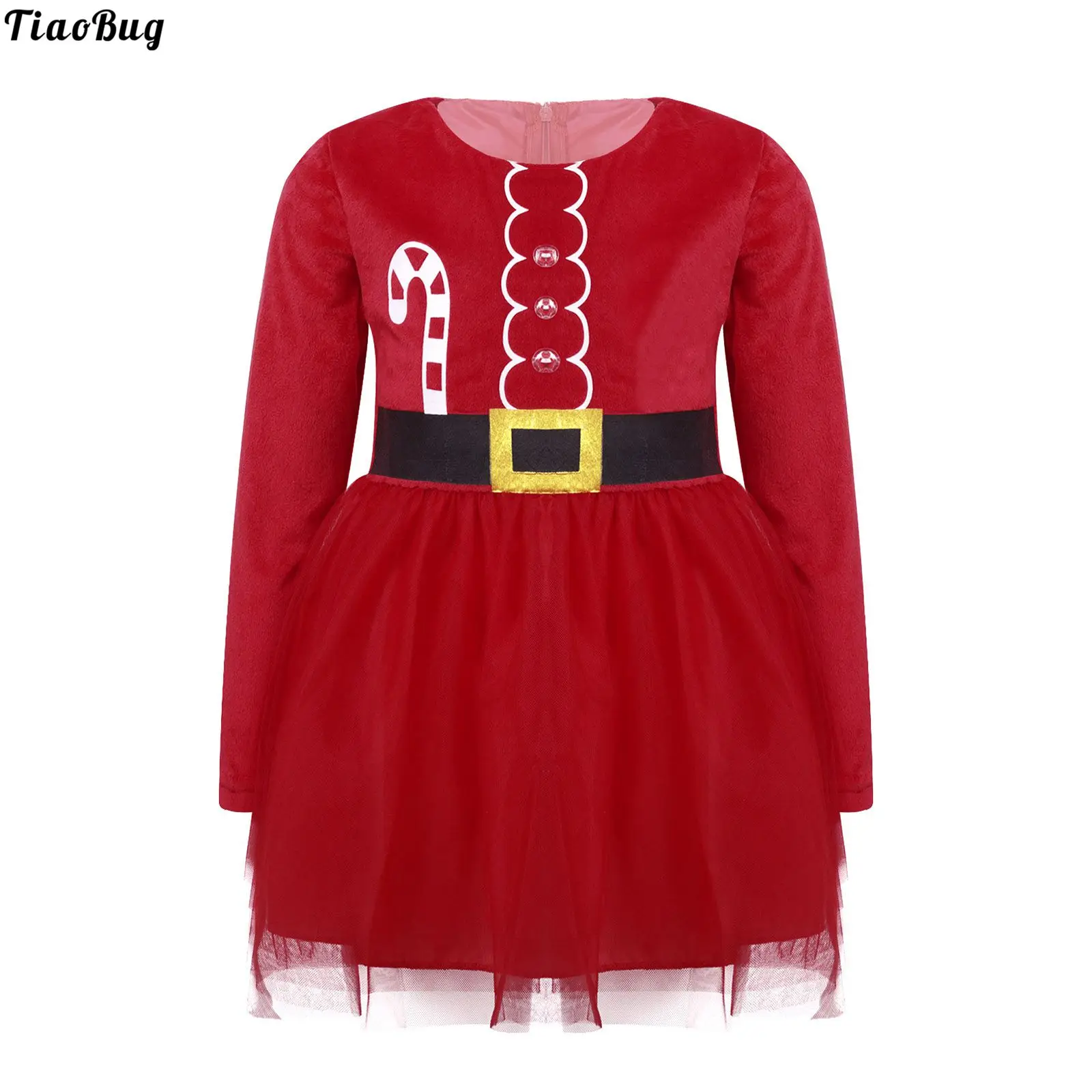 TiaoBug Autumn Red Toddle Girls Christmas Santa Costume Round Neck Long Sleeves Mesh Dress For Party Birthday Holiday