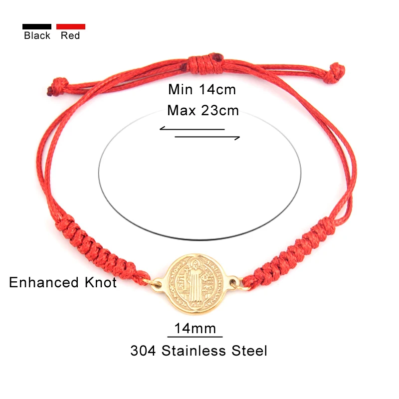 San Benito-Bracelet réglable en ULpour hommes et femmes, pendentif médaille Saint Benoît, acier inoxydable, couleur noir et rouge