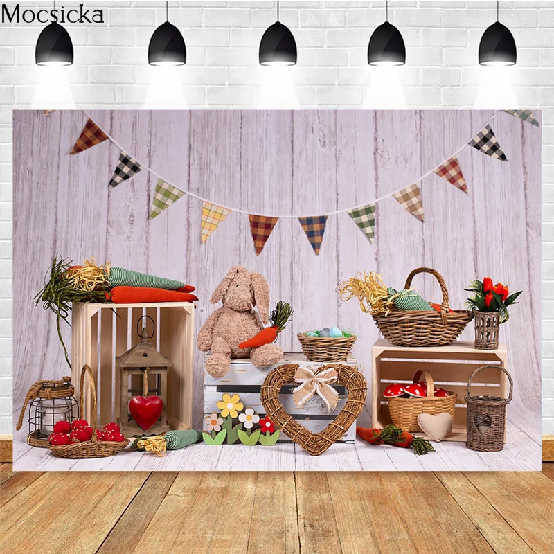 

Mocsicka Happy Easter Photography Background Bunny Carrot Wooden Box Decoration Props Birthday Party Photo Backdrop Banner
