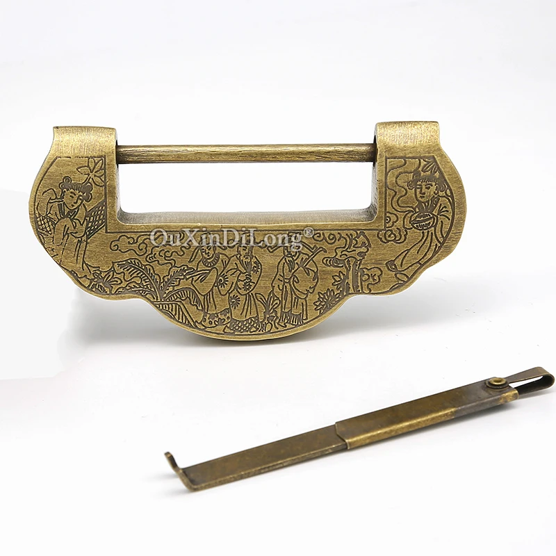 

Retro Vintage 1Piece Universal Pure Brass Carved Nose Lock Wooden Cases Antique Cabinet Door Padlock + Key 5 Sizes for choose