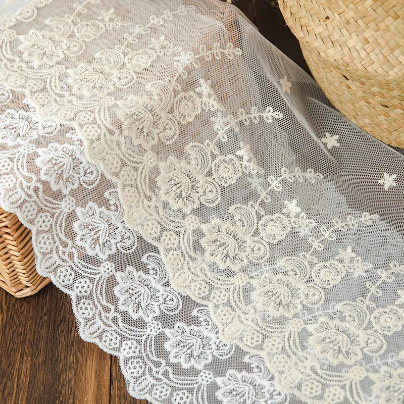 Luxury Apricot Cotton Lace Fabric 22cm Wide Floral Embroidery White Ribbons Trim For Diy Crafts Needlework Sewing Accessories 1Y