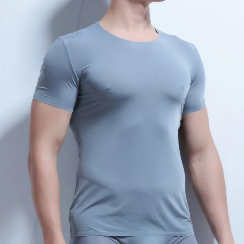 Man Undershirt Ultra-thin Ice Silk Transparent Short Sleeve T-shirts Male Breathable Tops Tee Stretch Tracksuit Tops Plus Size