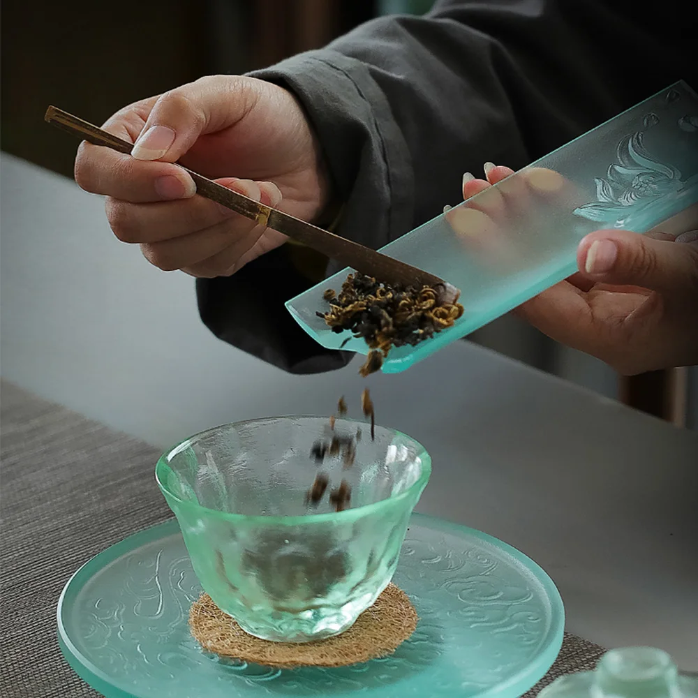 

Sky Blue Glaze Glass Tea Tray Spoon Handmade Zen Lotus Carved Chinese Style Tea Ceremony Household Kungfu Tea Shovel Spare Parts