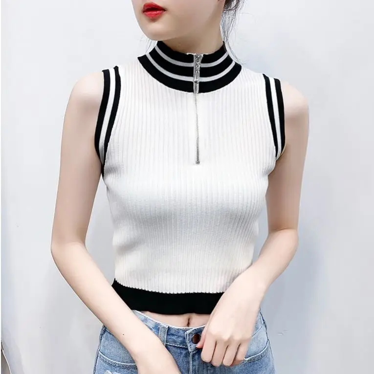 Women Corset Tops High Collar Striped Zipper Vest Summer Sleeveless Top for Women Tank Crop Top For Women
