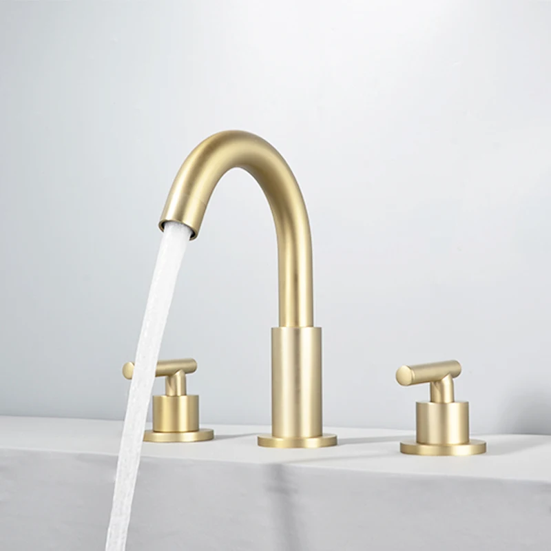 Black Double Handle Three Hole Basin Faucets Brushed Gold Brass Mounted Bathroom Sink Faucet Hot And Cold Water Mixer Tap