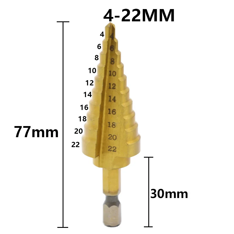 Titanium Coated Step Drill Bit For Metal Cone 10pcs 4-22mm  Drilling Tools Metal Drills Wood Cutters Hole Metal Drill Bits HSS