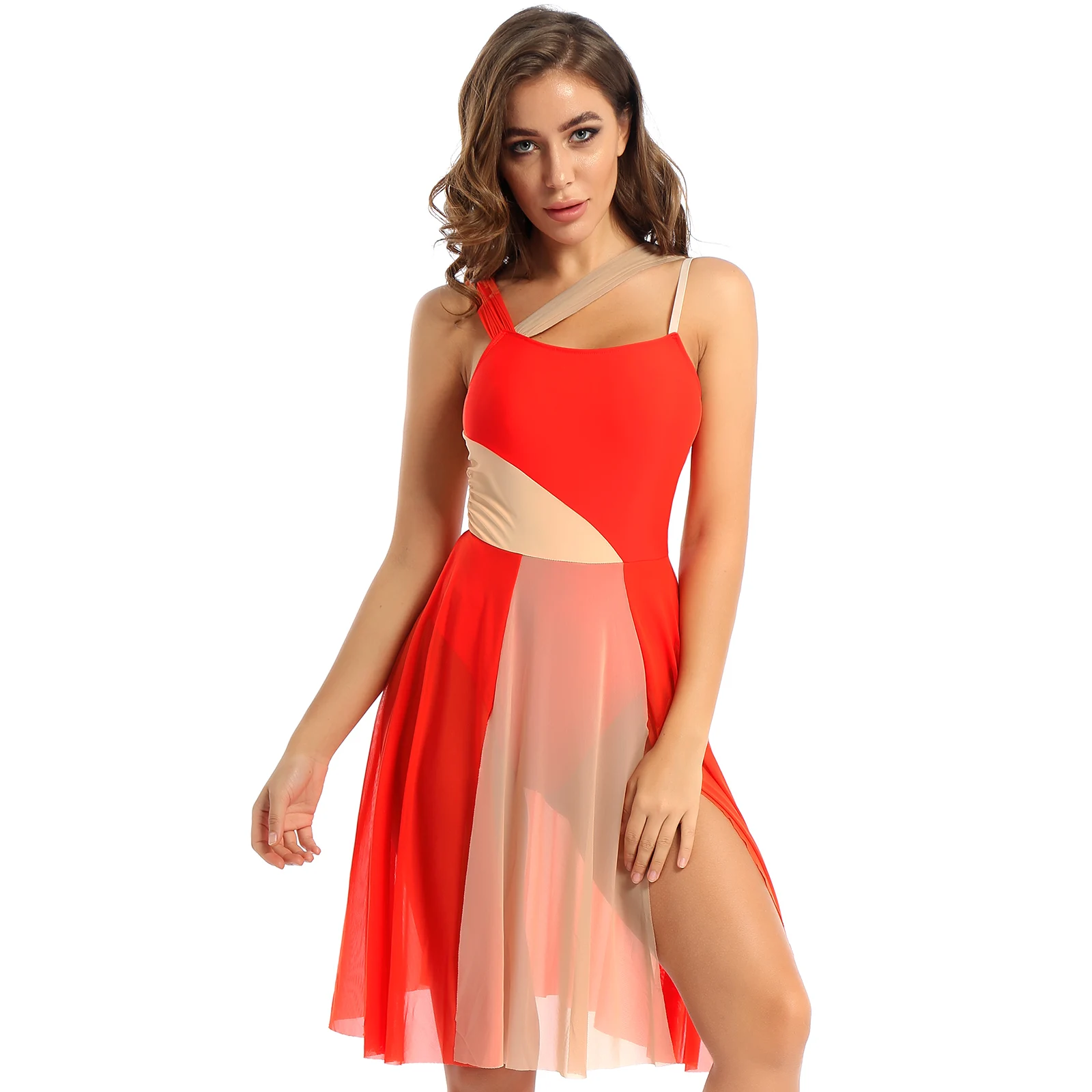 

Womens Modern Dance Dress Sheer Mesh Sleeveless Shoulder Straps Color Block Leotard Dress Lyrical Contemporary Dance Costume