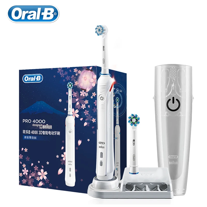 Oral B-cepillo de dientes eléctrico Pro4000 para adultos, dispositivo dental sónico 3D con carga inductiva, resistente al agua, 4 modos de limpieza,