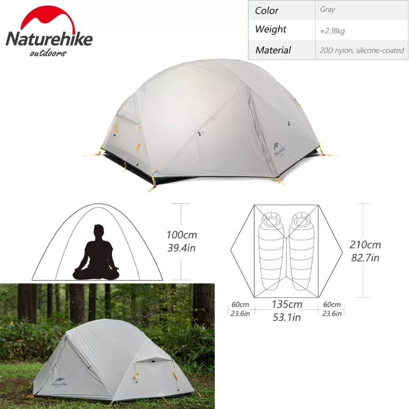 Naturehike Mongar Camping Ultralight Tent 2-3 Person 15D Nylon Glamping Double Layer Outdoor Blue Tent Waterproof Travel Hiking