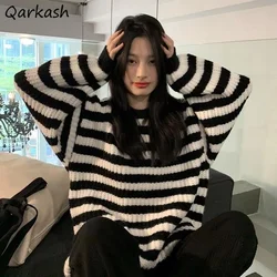 Swetry w paski damskie Ins O-neck moda prosta szykowna Ulzzang luźne ubrania klasyczne eleganckie kobiece jesienne Harajuku Streetwear