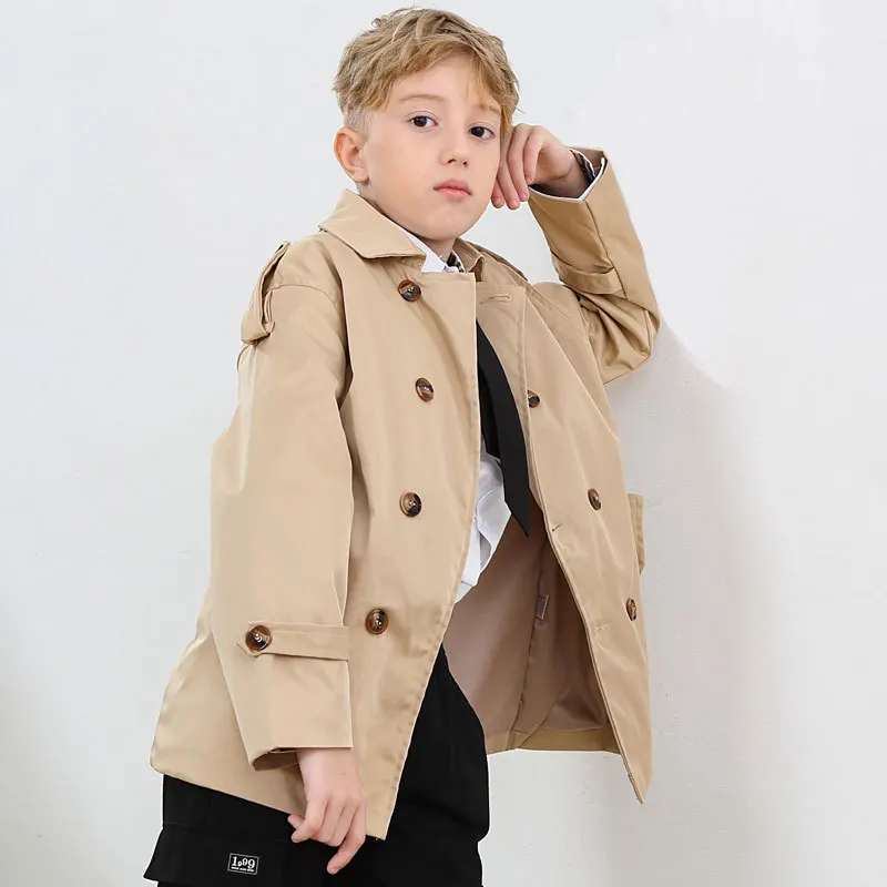 Khaki Jacket For Boys Double-Breasted Design Children Outerwear Kids Trench Coat For Teen Boys 2-14 Years Casual Windreaker