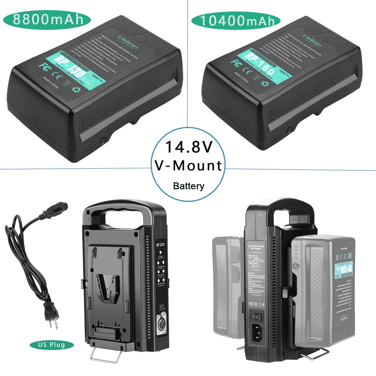 

10400mAh 14.8V BP-130 BP-160 V-type battery V-lock for Sony camcorder broadcast BP battery LED video light with USB port/D-TAP