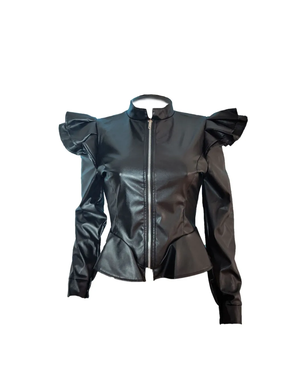 Autumn Winter Black PU Leather Jacket Women Motorcycle Biker Jacket Moto Vintage Ruffles Zip Slim Coats Outerwear Chaqueta Mujer