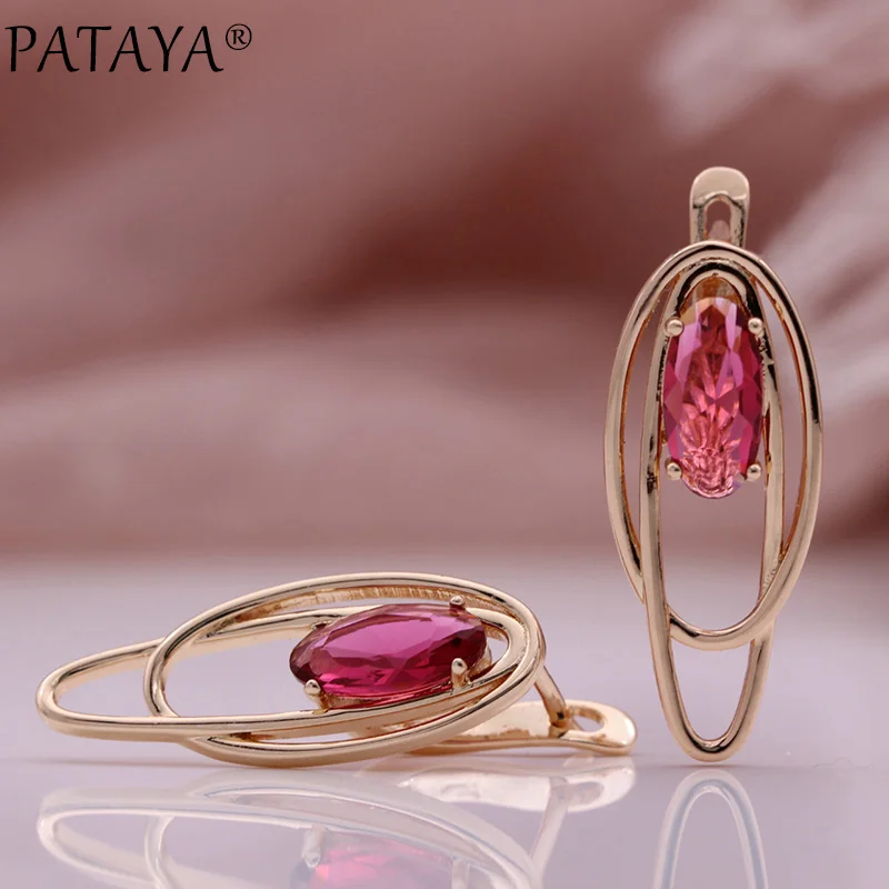 PATAYA New Oval Colorful Natural Zircon Drop Earrings Women Wedding Creative Fashion Jewelry 585 Rose Gold Color Hollow Earrings