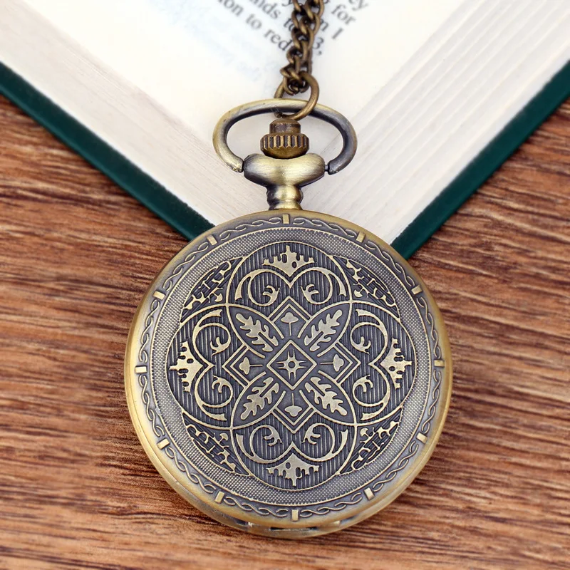 Vintage large bronze fine chain beautifully carved pattern quartz pocket watch