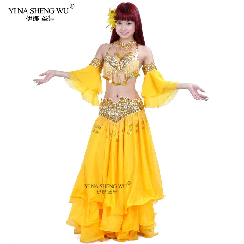 Women Sexy Belly Dance Top Bra & Belt & Skirt 3 Pieces Belly Dance Costume Outfit Set Bras & Belt Female Bollywood Dance Clothes