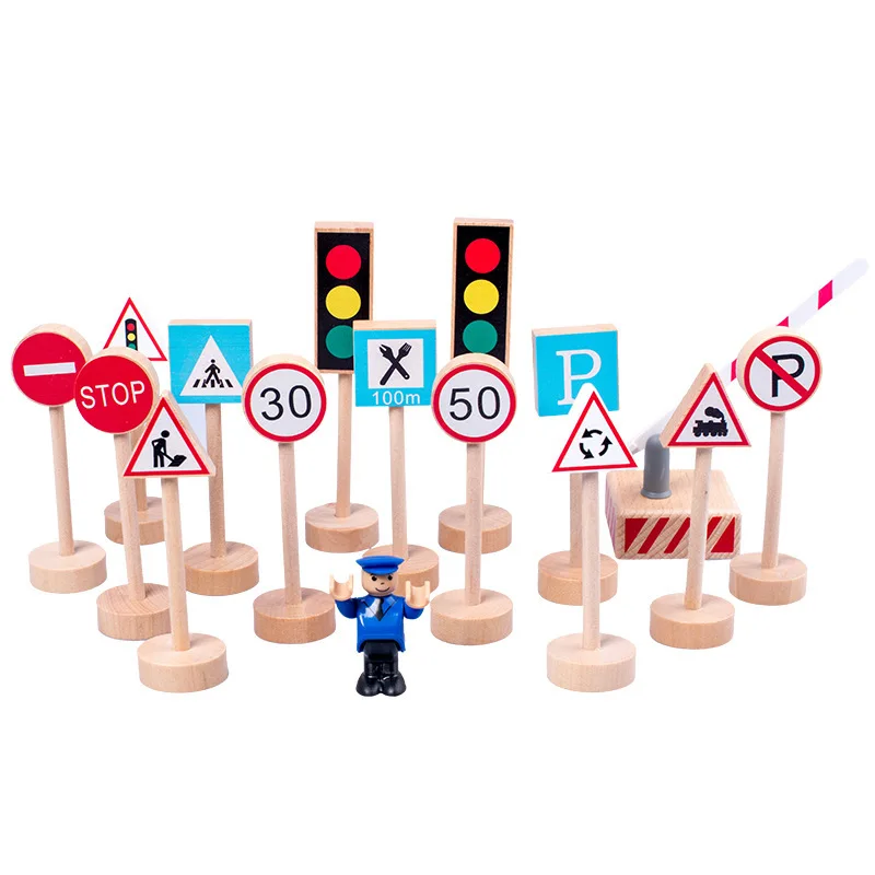 16pcs Wooden Railway Track Accessories Train Toys Parts Wooden Street Traffic Signs Parking Scene Fit All Brand Wood Tracks