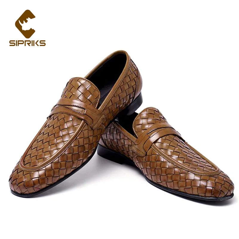 Sipriks Mens Woven Leather Loafers Retro Slip On Casual Shoes British Male Penny Loafer Elegant Gents Suit Wedding Flats Boss 46