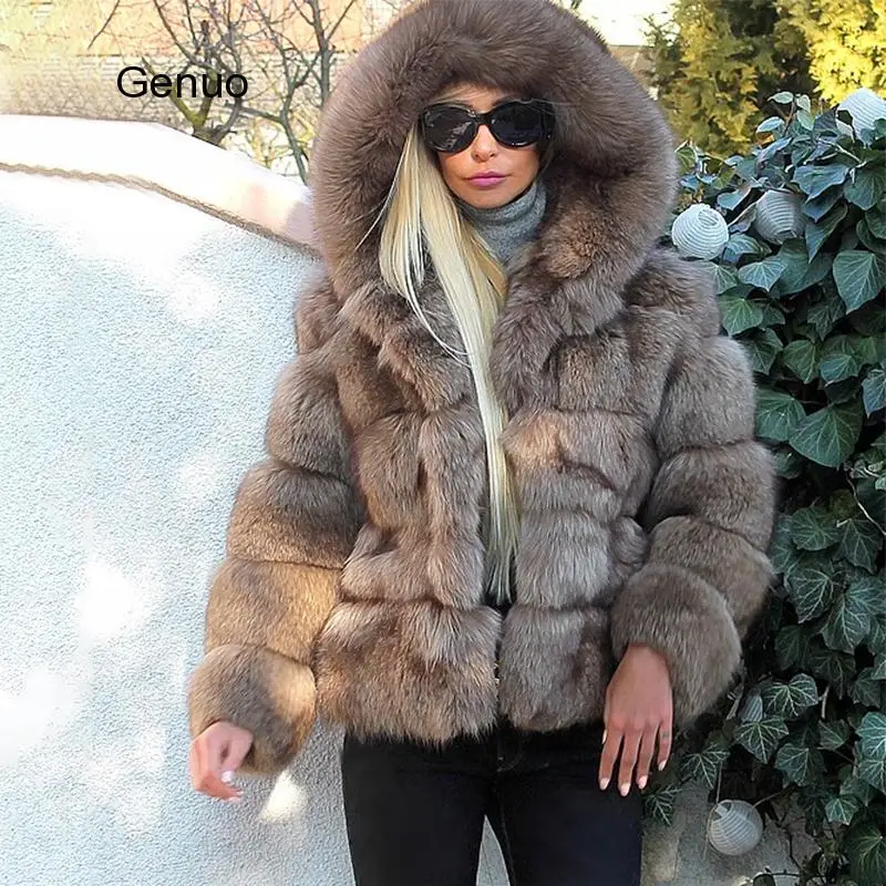 Faux Schafe Pelz Fuchs Pelz Mantel Outwear Winter Mantel Frauen Warme Lange Hülse Faux Pelz Jacke Mit Kapuze Pelz Mantel neue