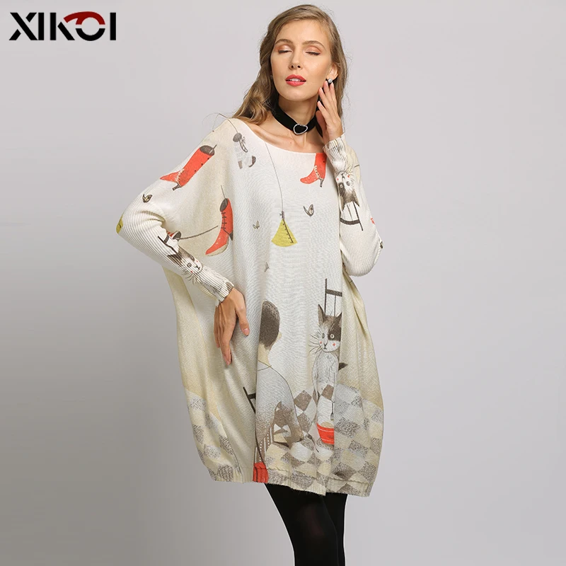 2021 Spring New Accompanying Cat Print Women Sweater Dresses Oversize Pullover Winter Fashion Pull Femme Soft Fabric jumper Top