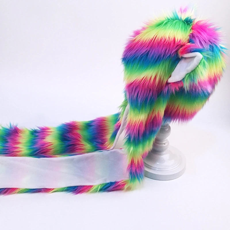 Women Rainbow Stripes Furry Animal Hoodie Hat Plush Ears Paws 3 In 1 Multifunctional Earflap Scarf Gloves Hat Earmuff