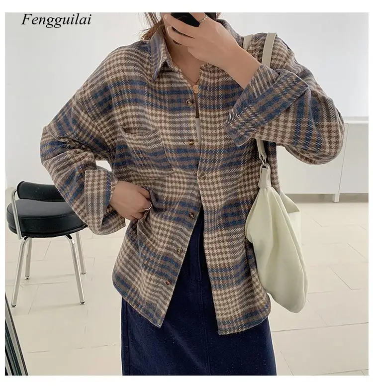 Velvet Thick Fashion Casual Loose All Match Vintage Plaid Korean Style Regular Hot Sale Long Sleeve Turn Down Collar Women Shirt