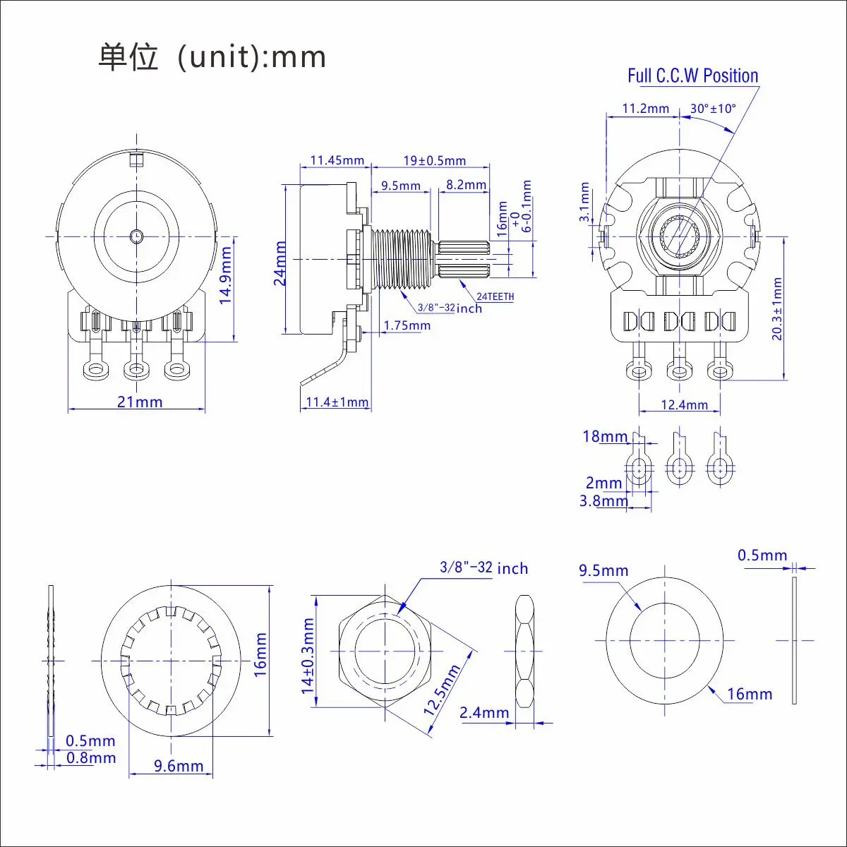 FLEOR 10PCS Brass 24-Tooth Long Split Shaft Guitar Potentiometers Pots 500K Audio / Linear Taper for Guitar Bass