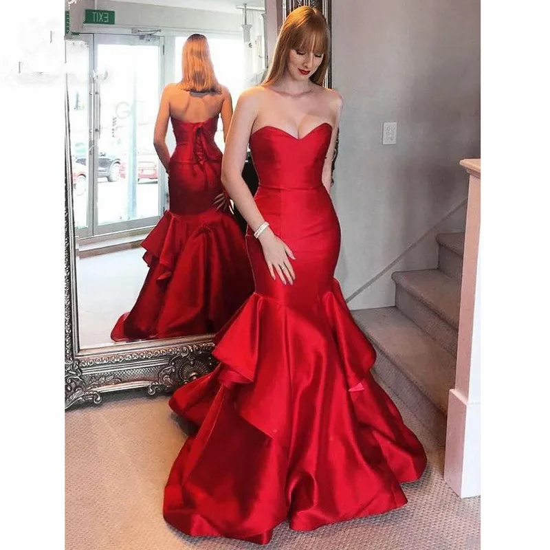 2019 Red Mermaid Evening Dresses Long Sweetheart Ruffles Satin Prom dress for teens Formal Evening Dress for Women