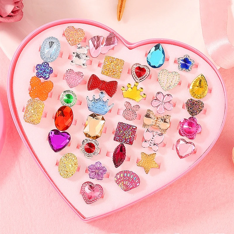 36pcs Children kids rings Little Girl Makeup Jewelry Adjustable Rings in Box, Girl Pretend Play and Dress up Rings Random Shape