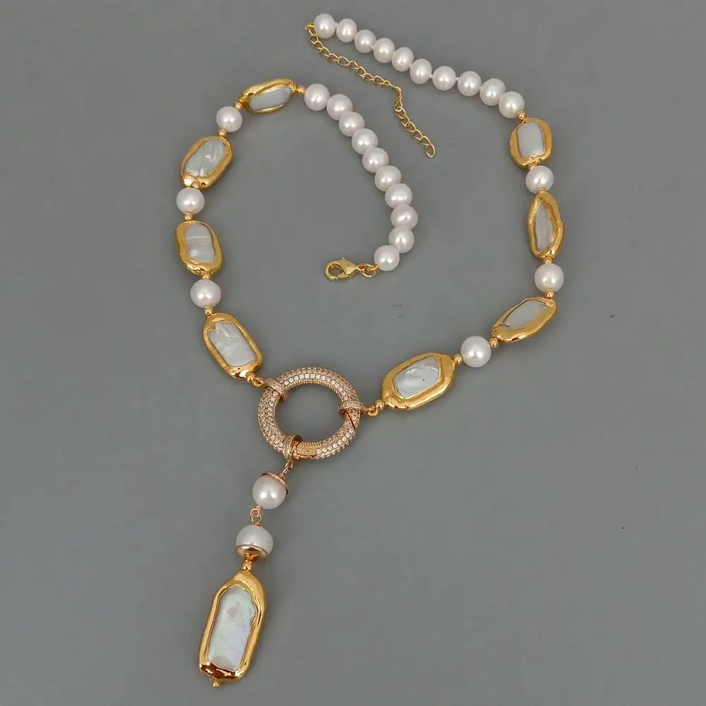 YYGEM natural 8-9mm Round Rectangle Cultured White Biwa Pearl  Round  Freshwater Pearl Y-Drop Necklace 18.5\